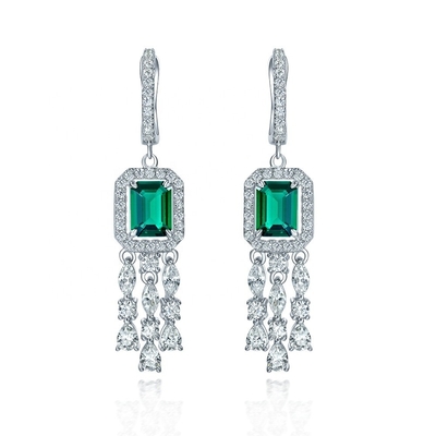 Perunggu Sterling Asli 925 Baguette Hijau CZ Earrings Diamond Long Hoop untuk Unisex Wear
