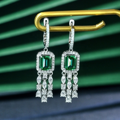 Perunggu Sterling Asli 925 Baguette Hijau CZ Earrings Diamond Long Hoop untuk Unisex Wear
