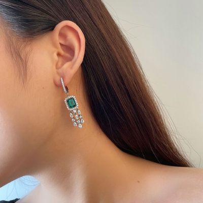Perunggu Sterling Asli 925 Baguette Hijau CZ Earrings Diamond Long Hoop untuk Unisex Wear
