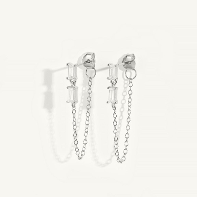 Jual Baguette Kubik Zircon Threader Stud Earring Perhiasan 925 Sterling Perak untuk Wanita