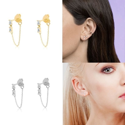 Jual Baguette Kubik Zircon Threader Stud Earring Perhiasan 925 Sterling Perak untuk Wanita
