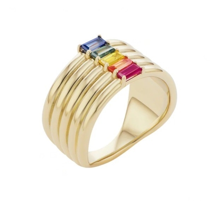 18K Gold Plated Rainbow Baguette Cut CZ Multi Fashion 925 Sterling Perak Wanita Cincin
