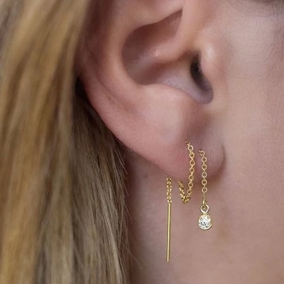 925 Sterling Perak Hanya 18K Gold Plated Wanita Bezel Drop Chain Threader Earring