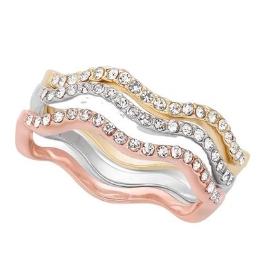 3 Piece Pave Ring Set Rhodium Plated Wave Ring Perak Sterling