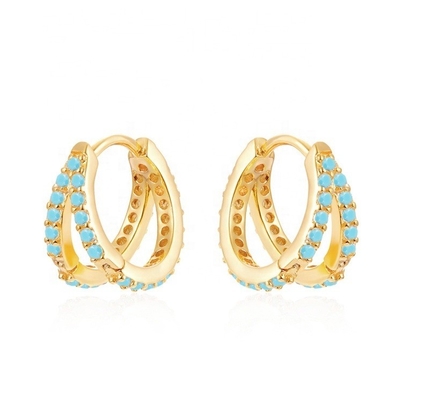 Rhodium Plating Double Turquoise 925 Sterling Silver Cubic Zirconia Earring untuk Wanita