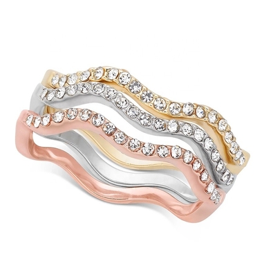 3 Piece Pave Ring Set Rhodium Plated Wave Ring Perak Sterling