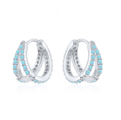 Rhodium Plating Double Turquoise 925 Sterling Silver Cubic Zirconia Earring untuk Wanita