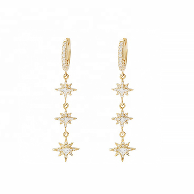 Perhiasan emas 925 Perak Brazil Starburst Earrings Dangle Hoop panjang untuk wanita