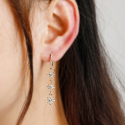 Perhiasan emas 925 Perak Brazil Starburst Earrings Dangle Hoop panjang untuk wanita