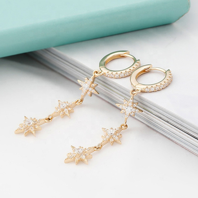Perhiasan emas 925 Perak Brazil Starburst Earrings Dangle Hoop panjang untuk wanita