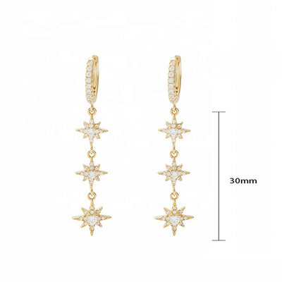 Perhiasan emas 925 Perak Brazil Starburst Earrings Dangle Hoop panjang untuk wanita