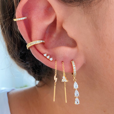 Earrings Dangle Panjang Kubic Zircon di 18K Gold Plated Hoops