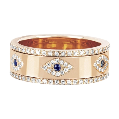 Blue Sapphire White CZ Eye Wanita Eternity Band Kuningan Eternity Ring Untuk Wanita