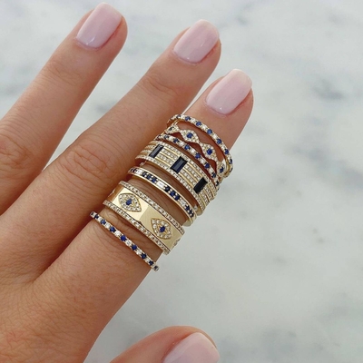 Blue Sapphire White CZ Eye Wanita Eternity Band Kuningan Eternity Ring Untuk Wanita