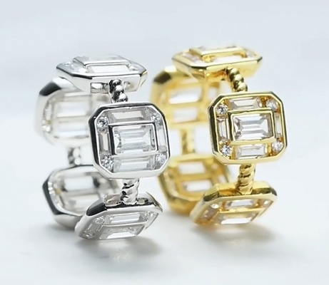 Emerald Putih CZ Wanita Eternity Band Baguette 18K Emas 925 Sterling Perak Cincin