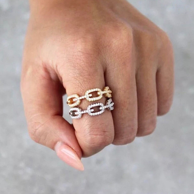 925 Sterling Silver Curb Link Chain Ring 18K Wanita Kubic Zirconia Cincin