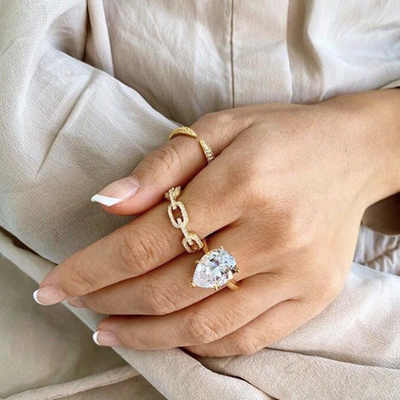 925 Sterling Silver Curb Link Chain Ring 18K Wanita Kubic Zirconia Cincin