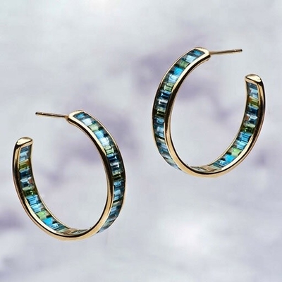 Perhiasan Bahan Utama Perak Baguette Biru dan Hijau Topaz Stud Hoops untuk Gaya Klasik