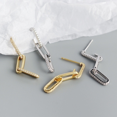 Earrings Retro Paperclip Rantai persegi panjang dalam perak 925 Sterling untuk malam wanita