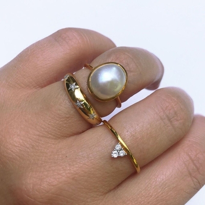 Dainty Dome Rings 14k 18k Gold Chunky Star Set Diamond Band Ring untuk Pakaian Bergaya