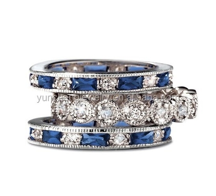 925 Sterling Perak CZ Simulasi Sapphire Ring Set Stackable dengan Ukuran Disesuaikan
