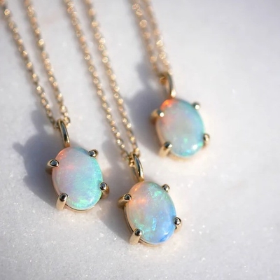 Handmade 18K Gold Plated Pendant Prong Setting Opal Stone 925 Perak Kalung