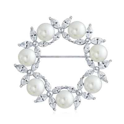Emas Plated Daun Lingkaran Putih Pearl Brooch 925 Perak Mewah Brooch Untuk Wanita