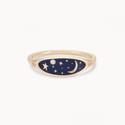 Handmade 18K Gold Plated Midnight Blue Enamel 925 Sterling Silver Round Brilliant CZ Stacking Ring untuk Gadis