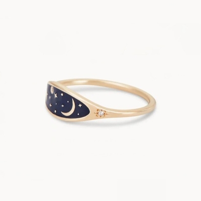 Handmade 18K Gold Plated Midnight Blue Enamel 925 Sterling Silver Round Brilliant CZ Stacking Ring untuk Gadis