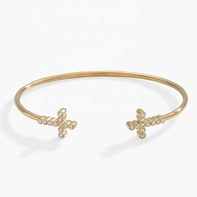 925 14K Gold Cross Bangle Bracelet Dengan Pave Crystal Zircon Untuk Wanita