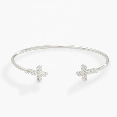 925 14K Gold Cross Bangle Bracelet Dengan Pave Crystal Zircon Untuk Wanita