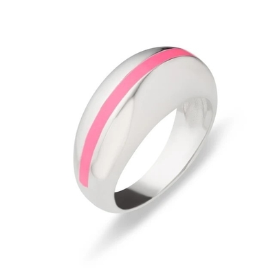 Grosir 18K Plated Gold Strip Pink Enamel Dome 925 Sterling Perak Wanita Cincin