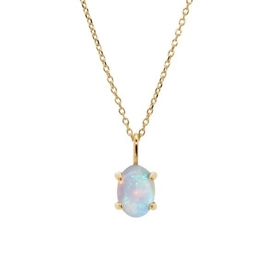 Handmade 18K Gold Plated Pendant Prong Setting Opal Stone 925 Perak Kalung