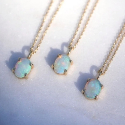 Handmade 18K Gold Plated Pendant Prong Setting Opal Stone 925 Perak Kalung