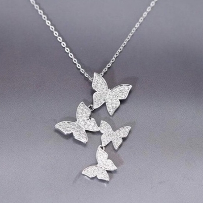 925 Sterling Perak Putih Emas Plated Micron Pave 4 Kupu-kupu Charm Pendant Untuk Wanita