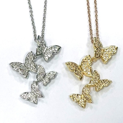 925 Sterling Perak Putih Emas Plated Micron Pave 4 Kupu-kupu Charm Pendant Untuk Wanita