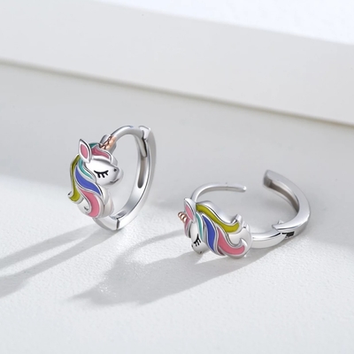 Rhodium Plated Unicorn Warna Enamel Huggies Earrings Untuk Remaja Fashion Perhiasan