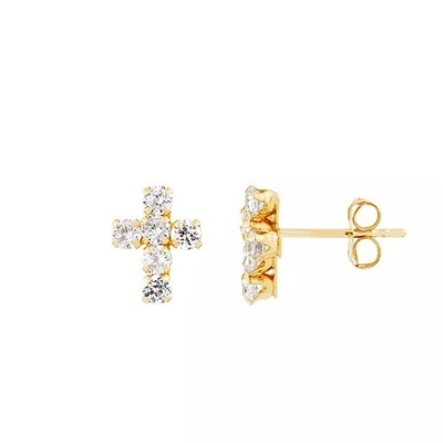 925 Sterling Silver Putih Kubic Zirconia Cross Button Stud Earrings dengan 18K Gold Plating