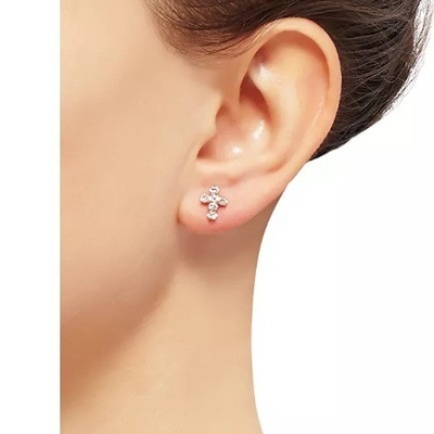 925 Sterling Silver Putih Kubic Zirconia Cross Button Stud Earrings dengan 18K Gold Plating