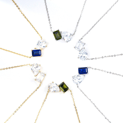 Hot Sale 925 Silver Cushion Cut Sapphire dan persegi panjang Cut Putih Zircon Warna Blok Zirconia Double Stone Pendant Necklaces