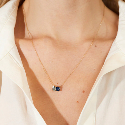 Hot Sale 925 Silver Cushion Cut Sapphire dan persegi panjang Cut Putih Zircon Warna Blok Zirconia Double Stone Pendant Necklaces