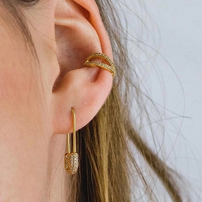 Wanita Hoop Earrings di 925 Perak dengan Clear CZ Berlian Brasil Emas Kuning Perhiasan