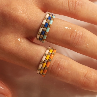 Handcrafted Cube Stackable Rings 18K Gold Plated 925 Sterling Silver with White Enamel Cubic Zirconia Perhiasan Minimalis Hadiah untuk Wanita