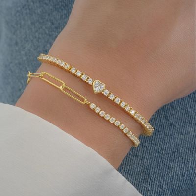 Gelang Tenis Hati Berlapis Emas 14K Perak Sterling 925 dengan Zirkon