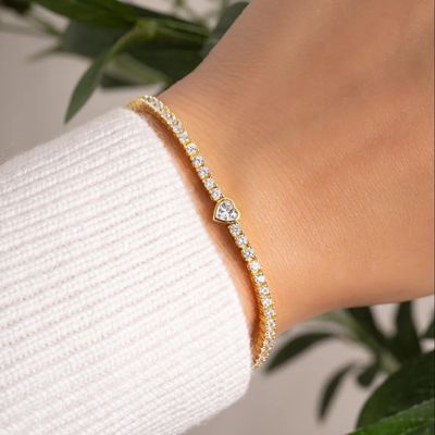 Gelang Tenis Hati Berlapis Emas 14K Perak Sterling 925 dengan Zirkon