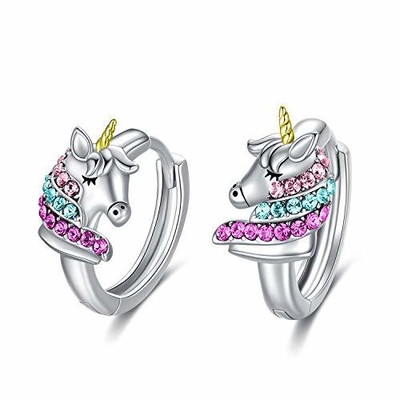 Anting-anting Huggie Unicorn Perak Murni 925 16mm CZ Merah Muda untuk Anak-anak