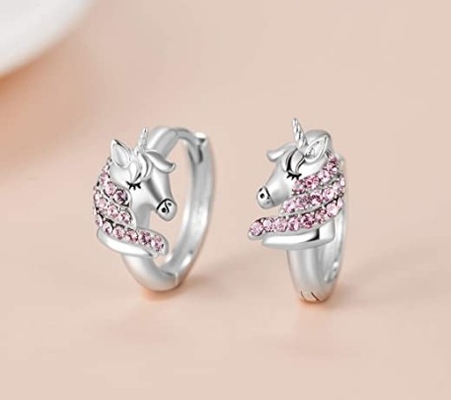 Anting-anting Huggie Unicorn Perak Murni 925 16mm CZ Merah Muda untuk Anak-anak