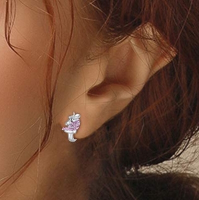Anting-anting Huggie Unicorn Perak Murni 925 16mm CZ Merah Muda untuk Anak-anak