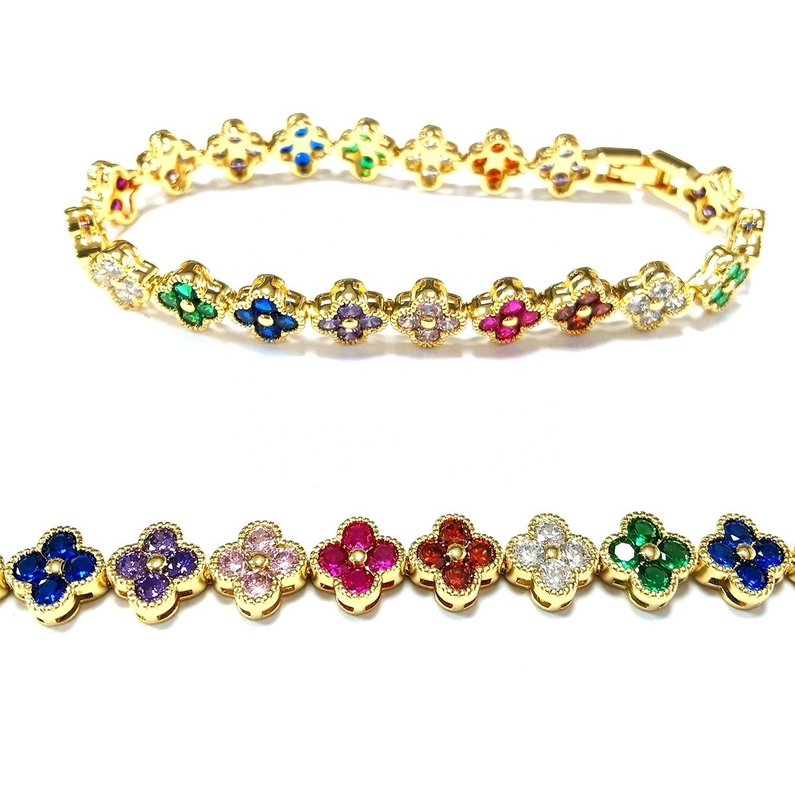 Air Tawar Mutiara CZ Batu Tenis Gelang Plated Perhiasan Custom Pelangi Emas Tembaga Kuningan Untuk Wanita