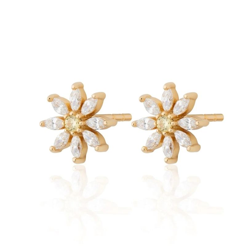 925 Sterling Silver 18K Gold Plated Flower Design Stud Earrings dengan Marquise Cut dan Claw Setting